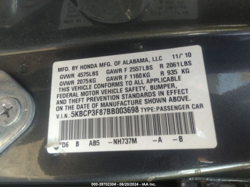 2011 Honda Accord Exl VIN: 5KBCP3F87BB003698 Lot: 39702304