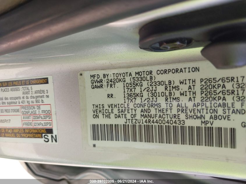 2004 Toyota 4Runner Sr5 V6 VIN: JTEZU14R440040433 Lot: 39702305