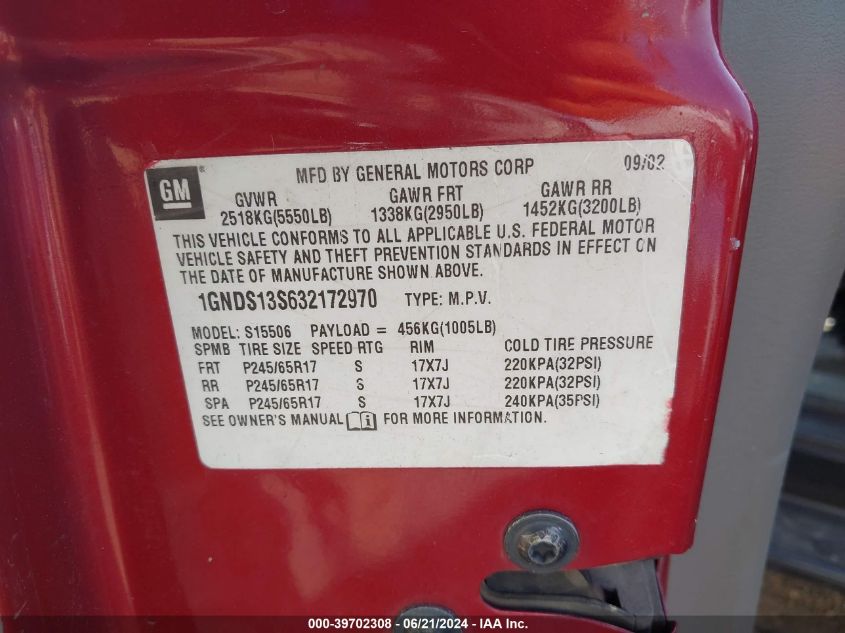 2003 Chevrolet Trailblazer Ltz VIN: 1GNDS13S632172970 Lot: 39702308