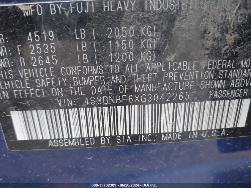 2016 Subaru Legacy 2.5I Premium VIN: 4S3BNBF6XG3042265 Lot: 39702309