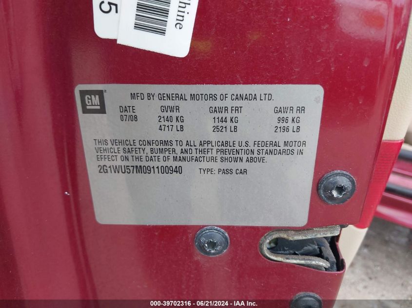 2009 Chevrolet Impala Ltz VIN: 2G1WU57M091100940 Lot: 39702316