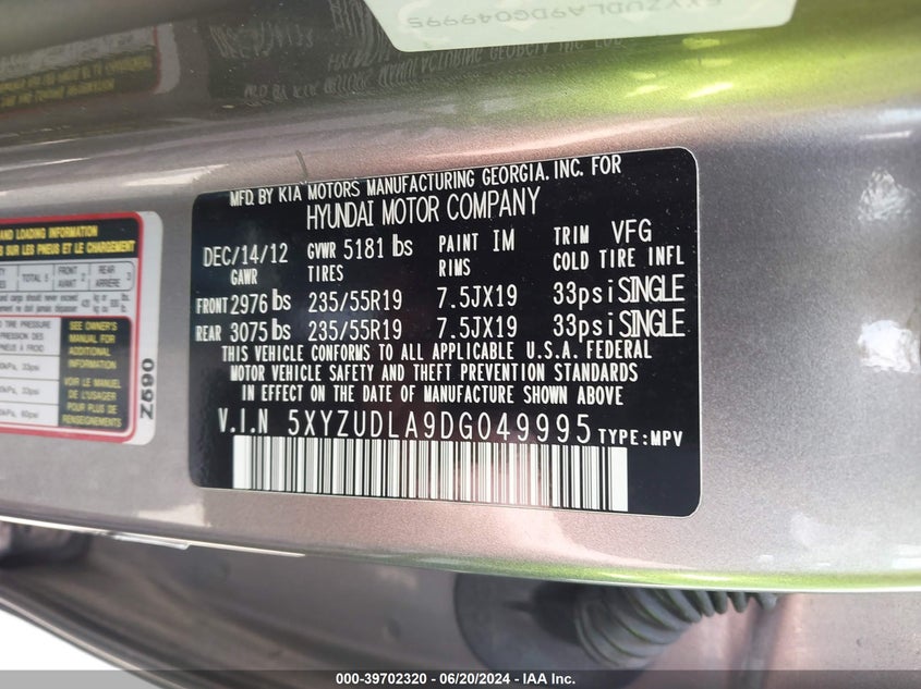 2013 Hyundai Santa Fe Sport 2.0T VIN: 5XYZUDLA9DG049995 Lot: 39702320