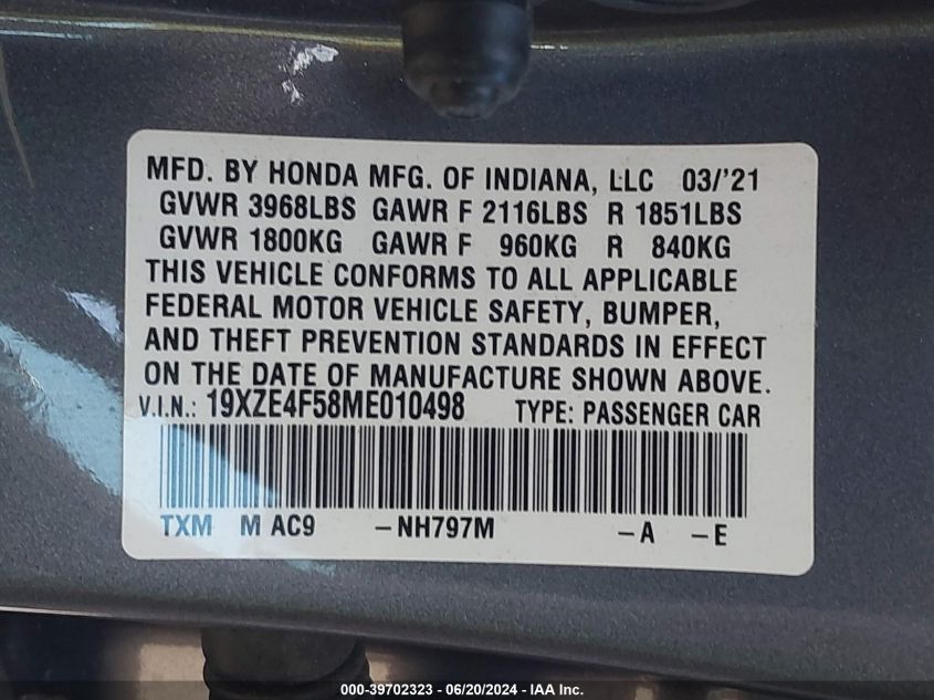 2021 Honda Insight Ex VIN: 19XZE4F58ME010498 Lot: 39702323