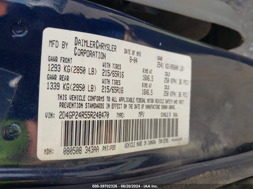 2005 Dodge Grand Caravan Se VIN: 2D4GP24R55R248470 Lot: 39702326