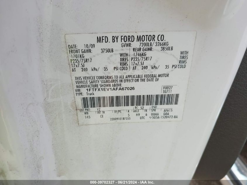 2010 Ford F-150 Fx4/Lariat/Xl/Xlt VIN: 1FTFX1EV1AFA67026 Lot: 39702327