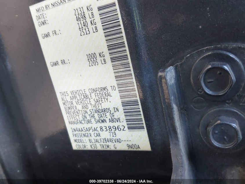 2010 Nissan Maxima 3.5 Sv VIN: 1N4AA5AP5AC838962 Lot: 39702338