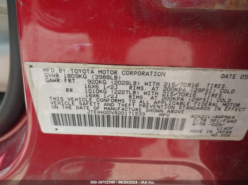 2002 Toyota Rav4 VIN: JTEHH20V820171533 Lot: 39702340