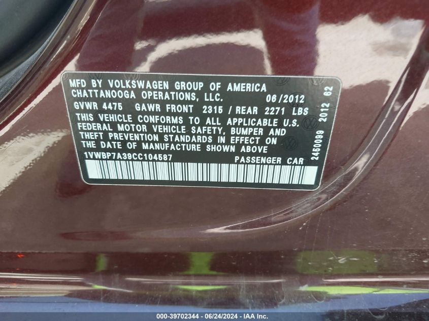 2012 Volkswagen Passat 2.5L Se VIN: 1VWBP7A39CC104587 Lot: 39702344