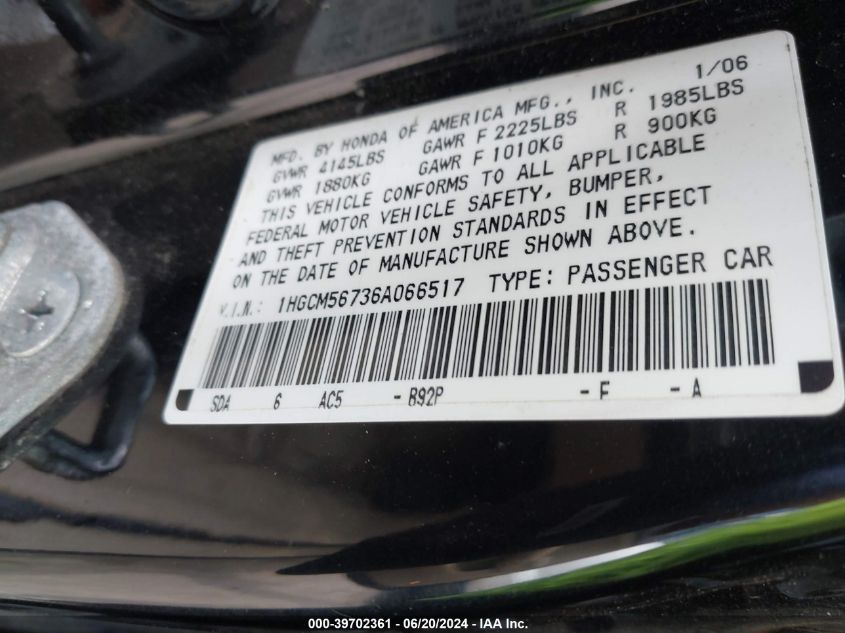2006 Honda Accord Sdn Ex VIN: 1HGCM56736A066517 Lot: 39702361