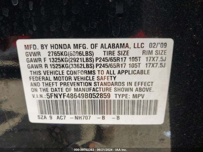 2009 Honda Pilot Ex-L VIN: 5FNYF48649B052859 Lot: 39702363