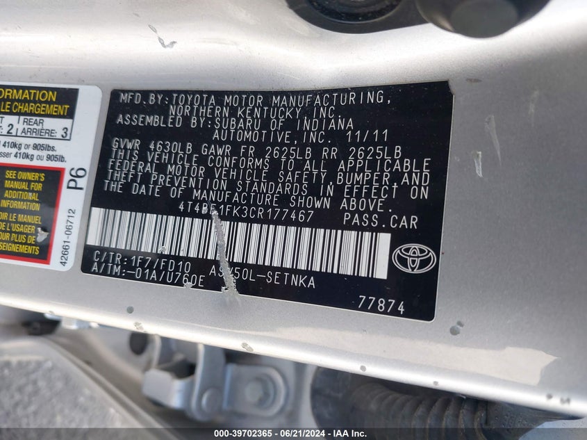 2012 Toyota Camry Se/Le/Xle VIN: 4T4BF1FK3CR177467 Lot: 39702365