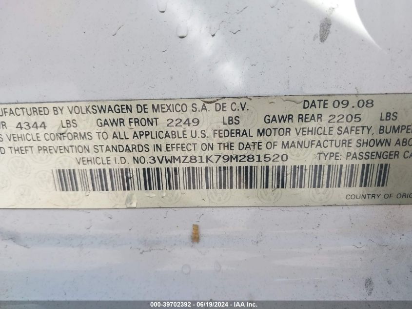 2009 Volkswagen Jetta 2.5L S VIN: 3VWMZ81K79M281520 Lot: 39702392