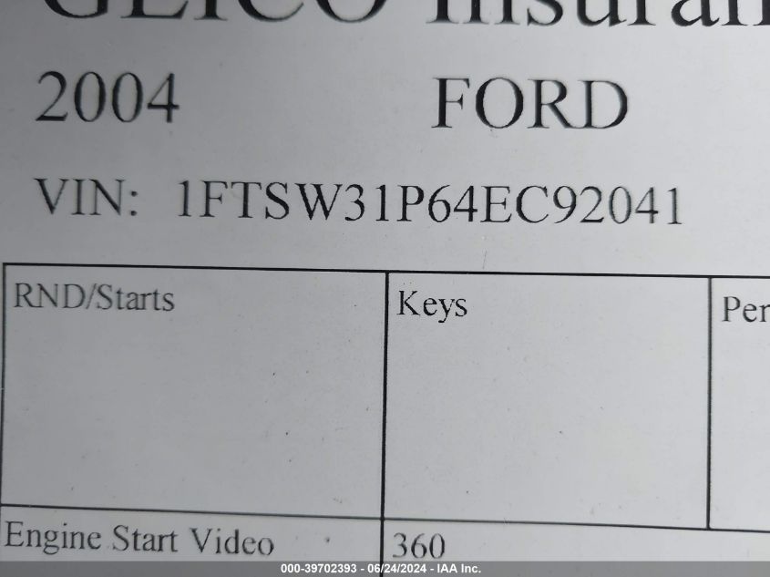 2004 Ford F-350 Lariat/Xl/Xlt VIN: 1FTSW31P64EC92041 Lot: 39702393