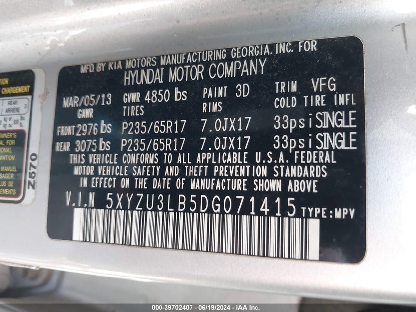 2013 Hyundai Santa Fe Sport VIN: 5XYZU3LB5DG071415 Lot: 39702407