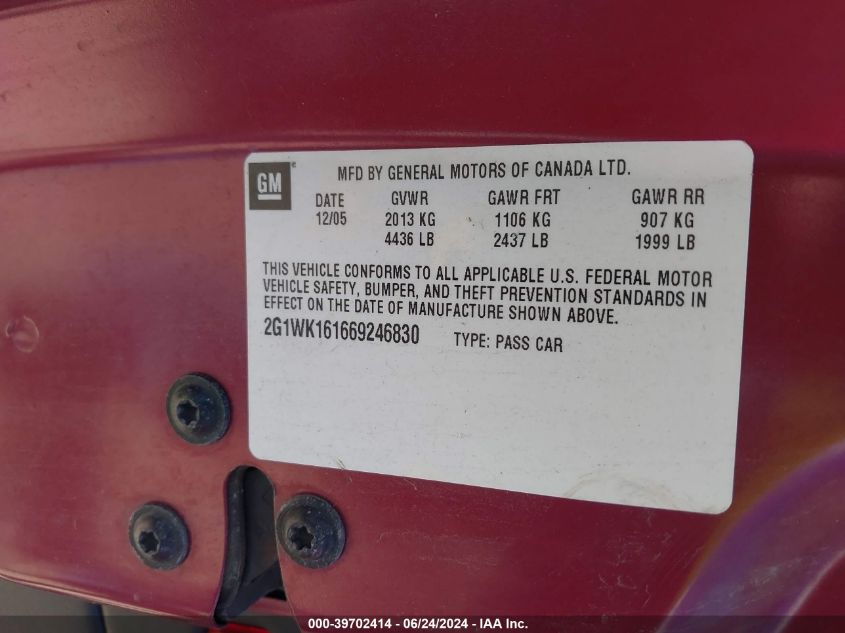 2006 Chevrolet Monte Carlo Lt VIN: 2G1WK161669246830 Lot: 39702414