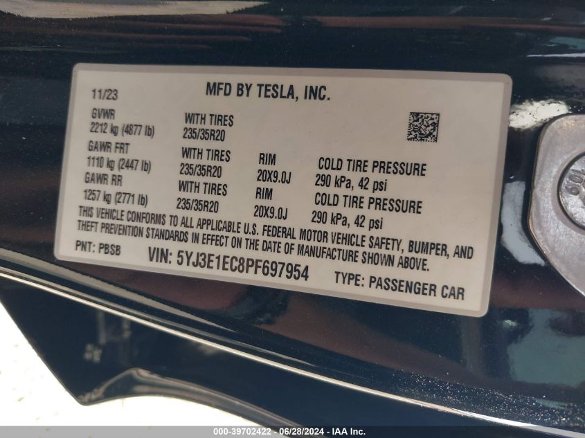 2023 Tesla Model 3 Performance Dual Motor All-Wheel Drive VIN: 5YJ3E1EC8PF697954 Lot: 39702422