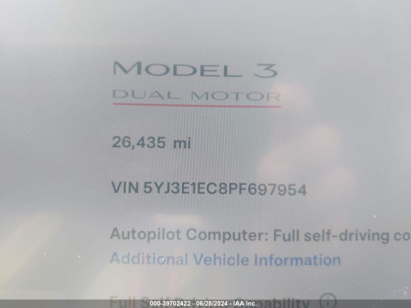 2023 Tesla Model 3 Performance Dual Motor All-Wheel Drive VIN: 5YJ3E1EC8PF697954 Lot: 39702422