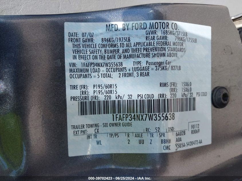 2007 Ford Focus S/Se/Ses VIN: 1FAFP34NX7W355638 Lot: 39702423