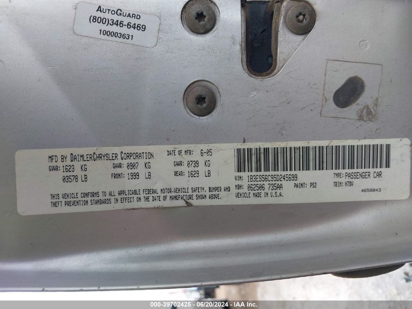 2005 Dodge Neon Sxt VIN: 1B3ES56C95D245699 Lot: 39702425