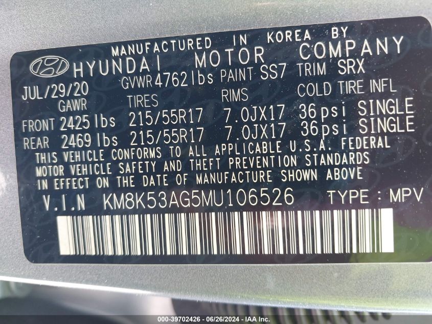 2021 Hyundai Kona Electric Ultimate VIN: KM8K53AG5MU106526 Lot: 39702426