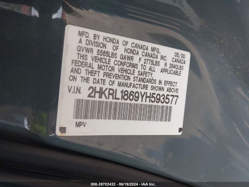 2000 Honda Odyssey Ex VIN: 2HKRL1869YH593577 Lot: 39702432
