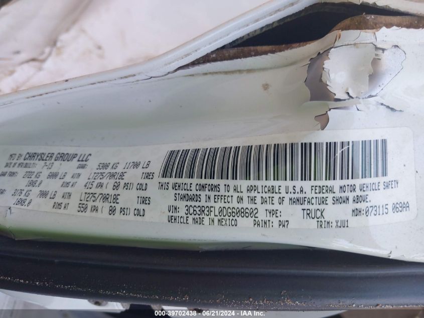 2013 Ram 3500 Longhorn VIN: 3C63R3FL0DG608602 Lot: 39702438