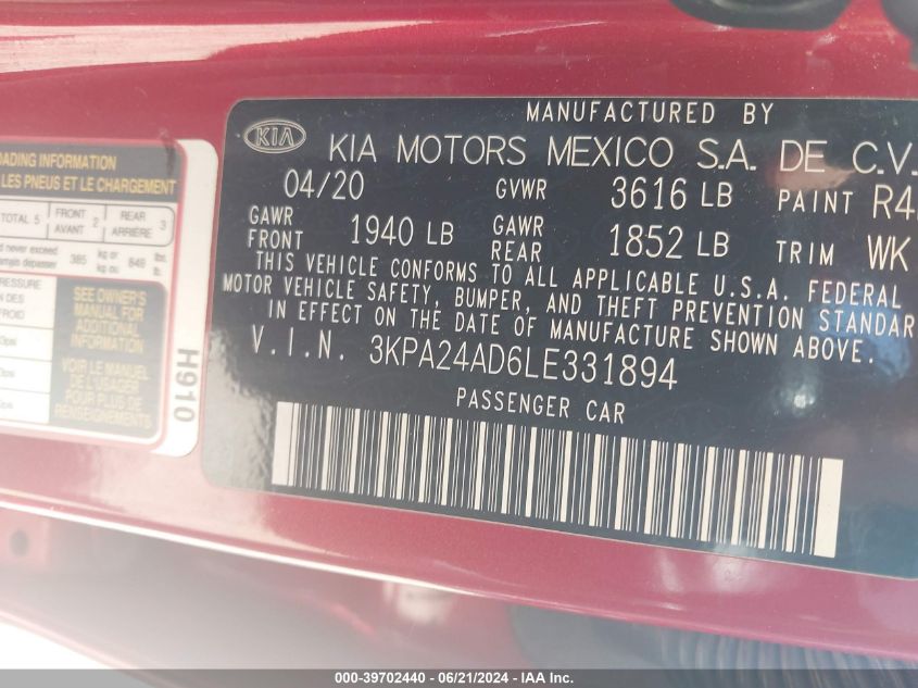 2020 Kia Rio S VIN: 3KPA24AD6LE331894 Lot: 39702440