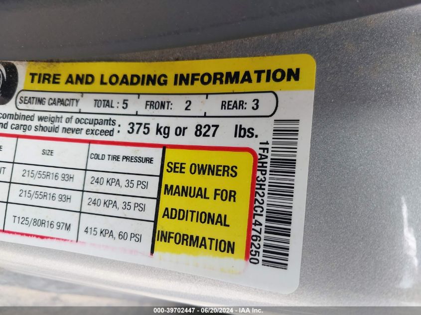 2012 Ford Focus Sel VIN: 1FAHP3H22CL476250 Lot: 39702447