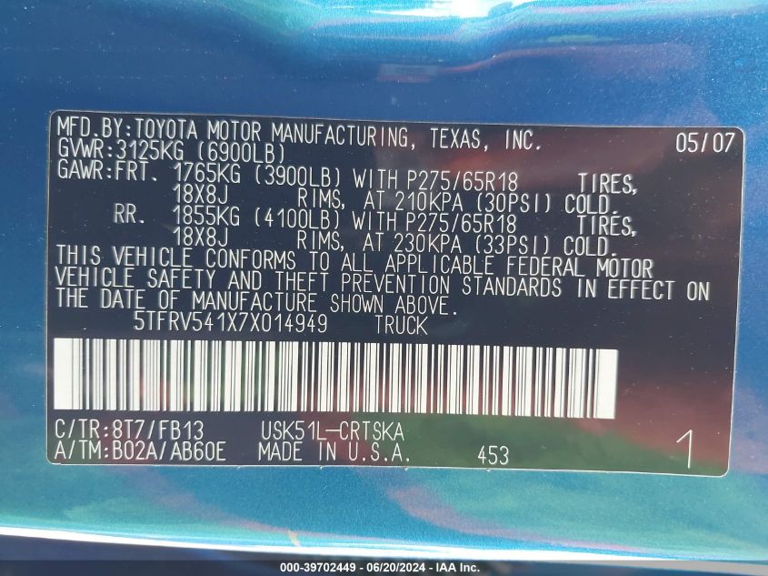 2007 Toyota Tundra Double Cab Sr5 VIN: 5TFRV541X7X014949 Lot: 39702449