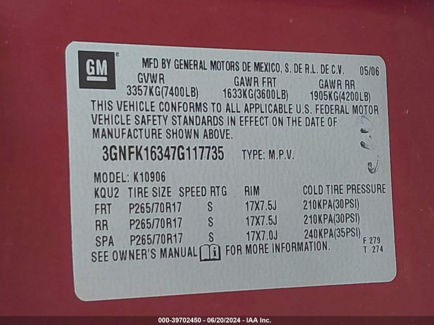 2007 Chevrolet Suburban 1500 Lt VIN: 3GNFK16347G117735 Lot: 39702450