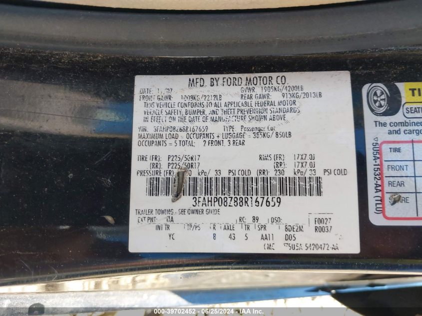 2008 Ford Fusion Sel VIN: 3FAHP08Z88R167659 Lot: 39702452