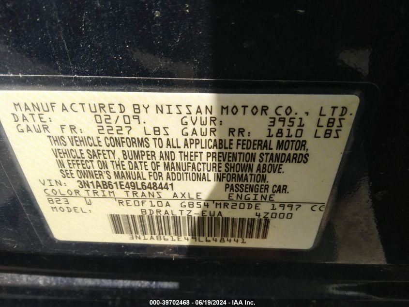 2009 Nissan Sentra 2.0S VIN: 3N1AB61E49L648441 Lot: 39702468