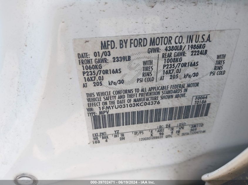 2003 Ford Escape Xlt VIN: 1FMYU03103KC04376 Lot: 39702471