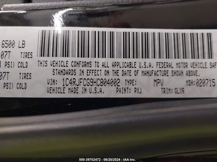2017 Jeep Grand Cherokee Overland 4X4 VIN: 1C4RJFCG9HC804002 Lot: 39702472