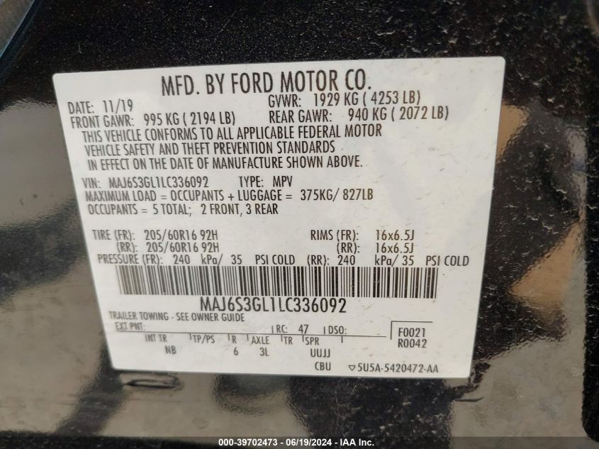 2020 Ford Ecosport Se VIN: MAJ6S3GL1LC336092 Lot: 39702473