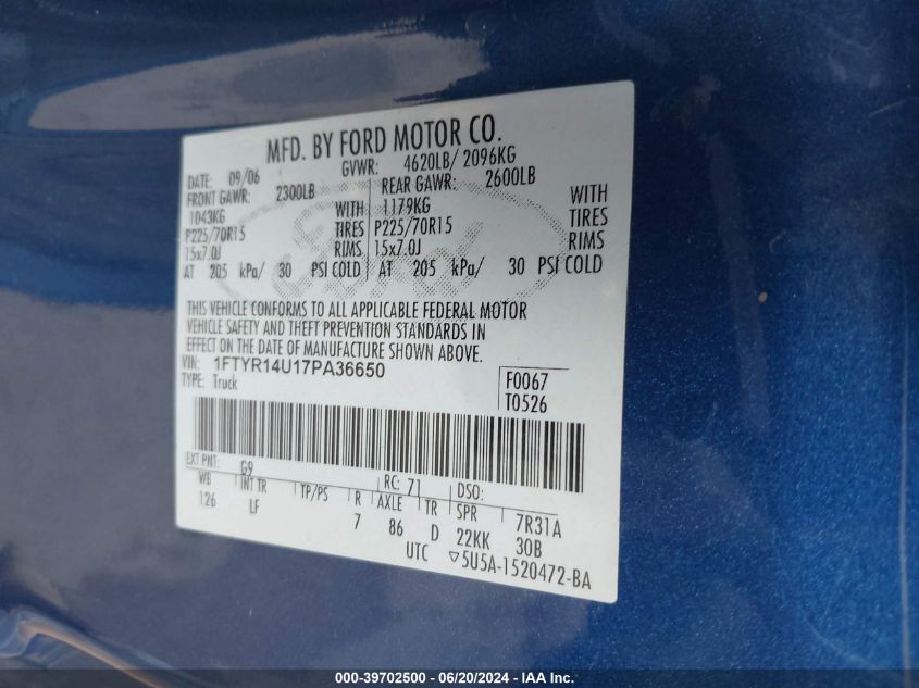 2007 Ford Ranger Sport/Stx/Xl/Xlt VIN: 1FTYR14U17PA36650 Lot: 39702500