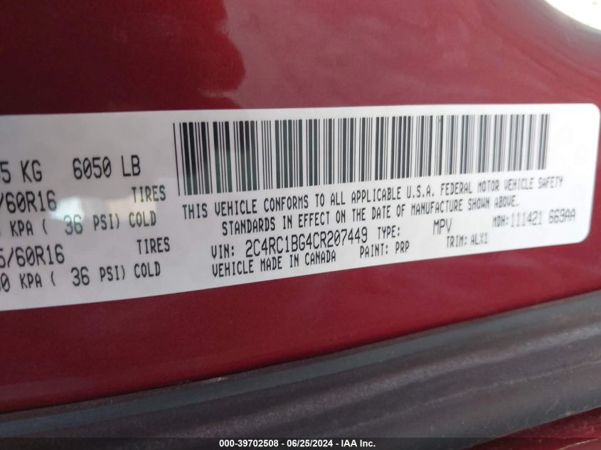 2012 Chrysler Town & Country Touring VIN: 2C4RC1BG4CR207449 Lot: 39702508