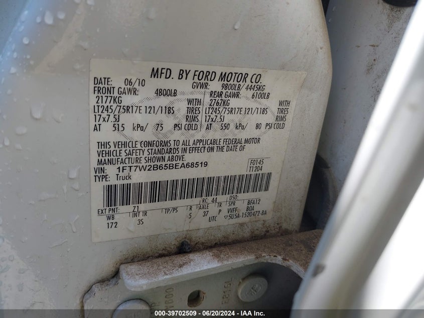 2011 Ford F-250 Xlt VIN: 1FT7W2B65BEA68519 Lot: 39702509