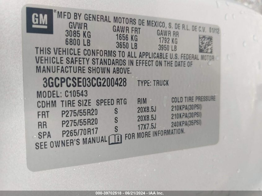 2012 Chevrolet Silverado 1500 Lt VIN: 3GCPCSE03CG200428 Lot: 39702518