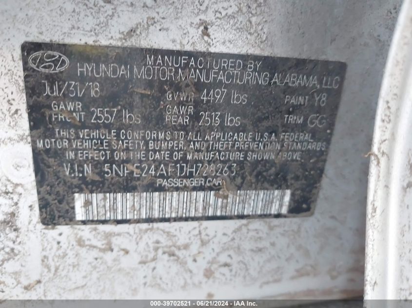 2018 Hyundai Sonata Se VIN: 5NPE24AF1JH728263 Lot: 39702521