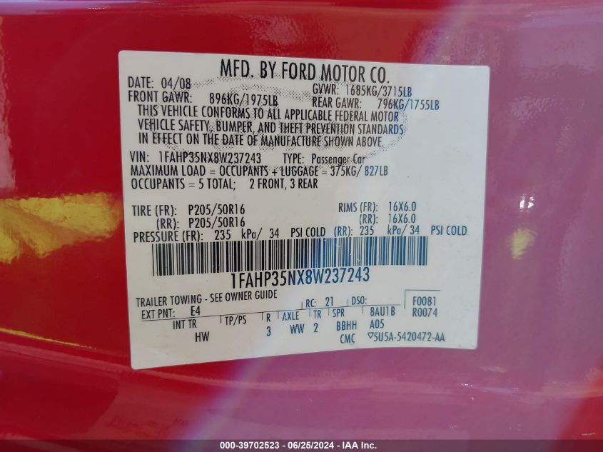 2008 Ford Focus Se/Sel/Ses VIN: 1FAHP35NX8W237243 Lot: 39702523