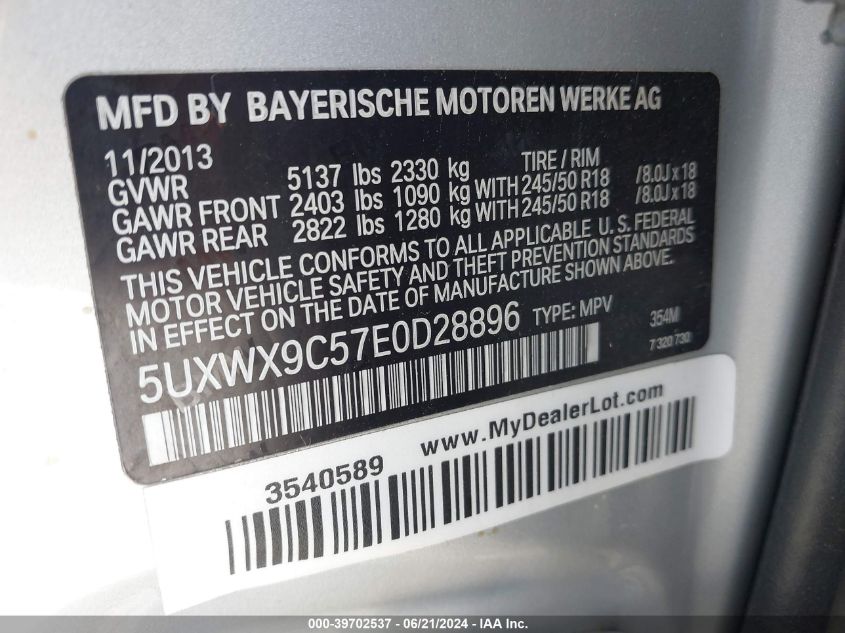 2014 BMW X3 xDrive28I VIN: 5UXWX9C57E0D28896 Lot: 39702537