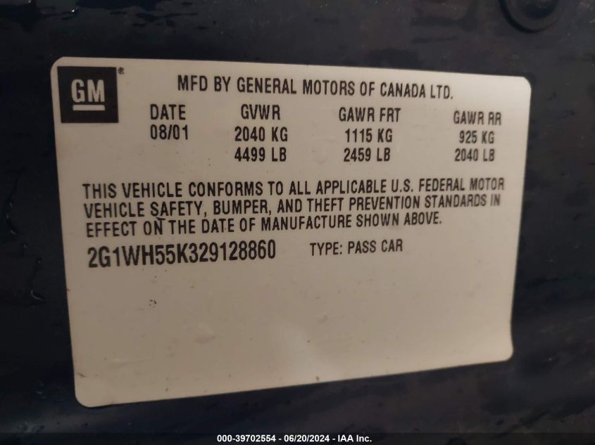 2002 Chevrolet Impala Ls VIN: 2G1WH55K329128860 Lot: 39702554