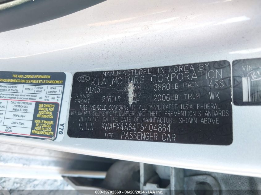 2015 Kia Forte Lx VIN: KNAFX4A64F5404864 Lot: 39702569