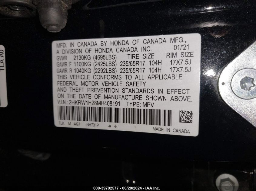 2021 Honda Cr-V 2Wd Lx VIN: 2HKRW1H28MH408191 Lot: 39702577