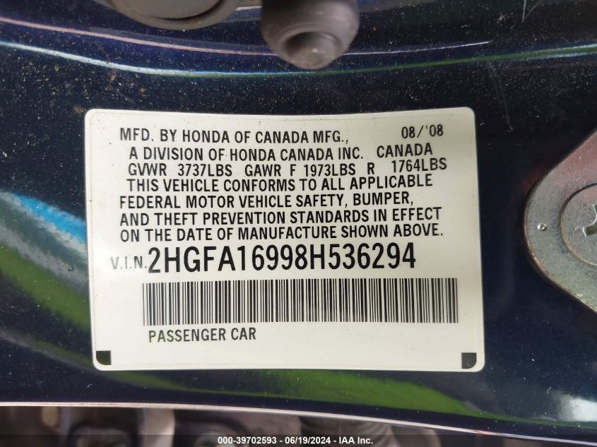 2008 Honda Civic Ex-L VIN: 2HGFA16998H536294 Lot: 39702593