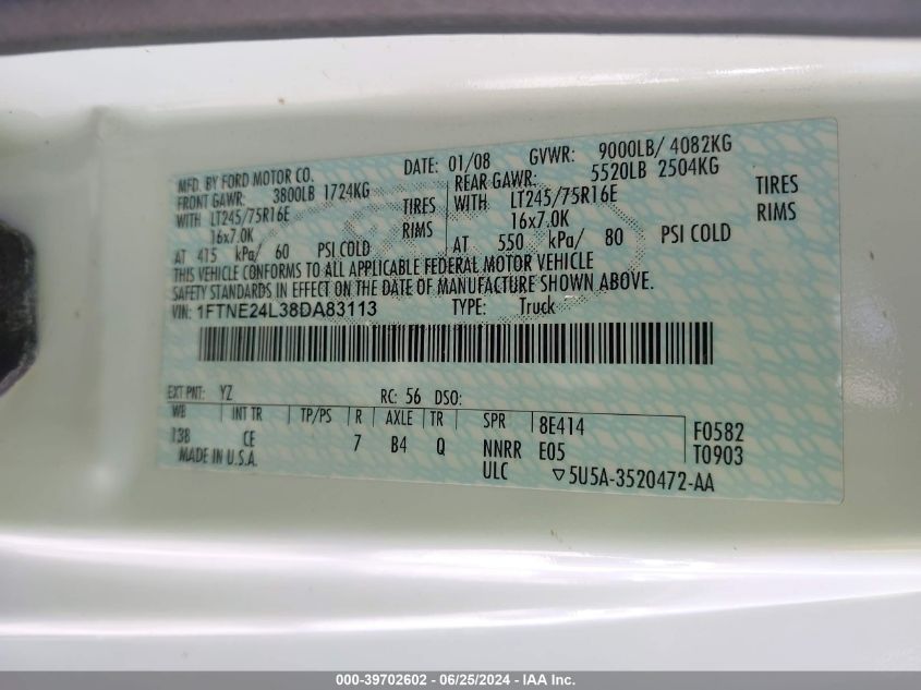 2008 Ford E-250 Commercial/Recreational VIN: 1FTNE24L38DA83113 Lot: 39702602