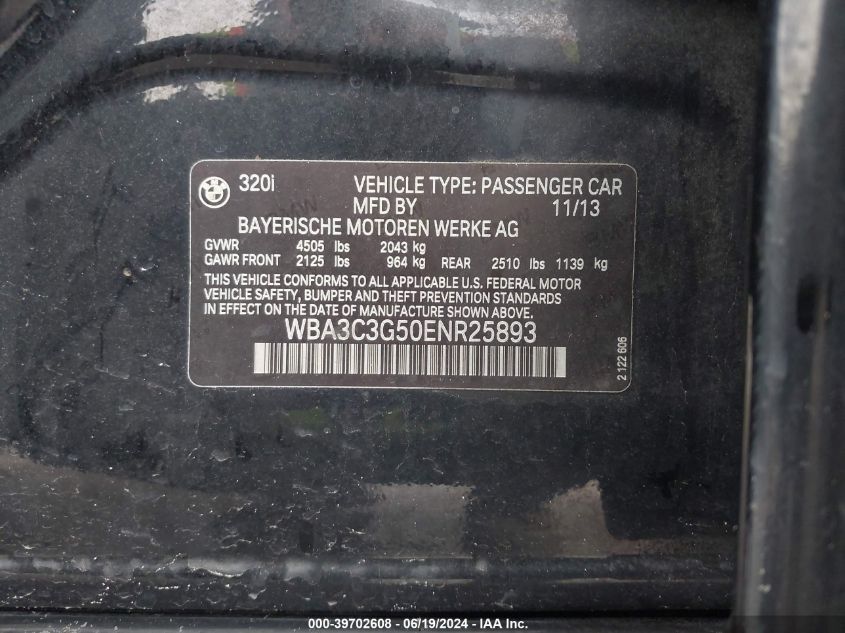 2014 BMW 320I xDrive VIN: WBA3C3G50ENR25893 Lot: 39702608