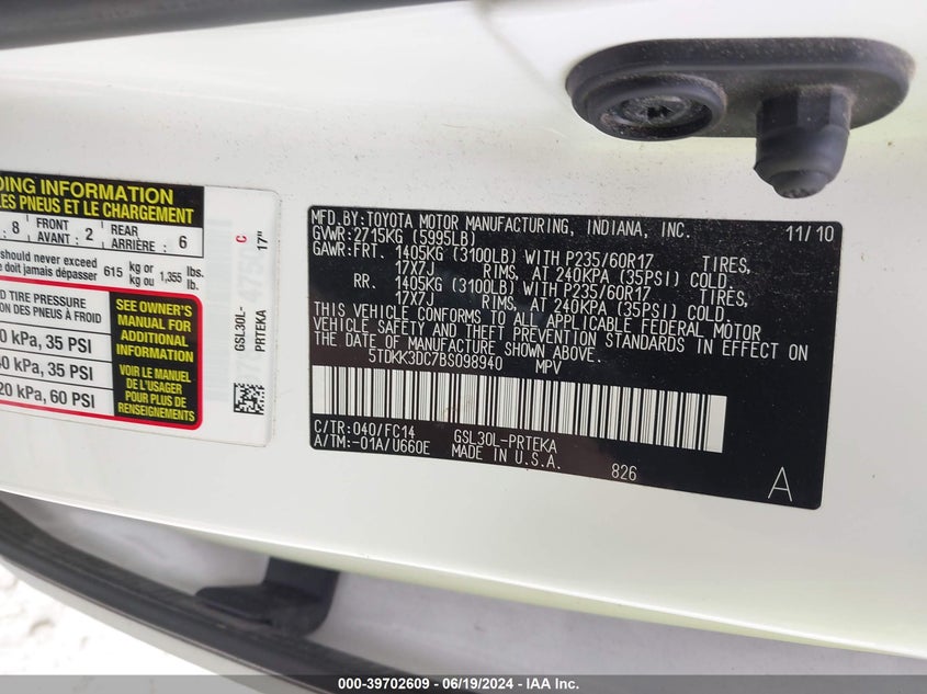 2011 Toyota Sienna Le V6 VIN: 5TDKK3DC7BS098940 Lot: 39702609