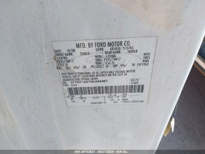 2009 Ford F-150 Xl/Xlt VIN: 1FTRF12879KA68487 Lot: 39702621